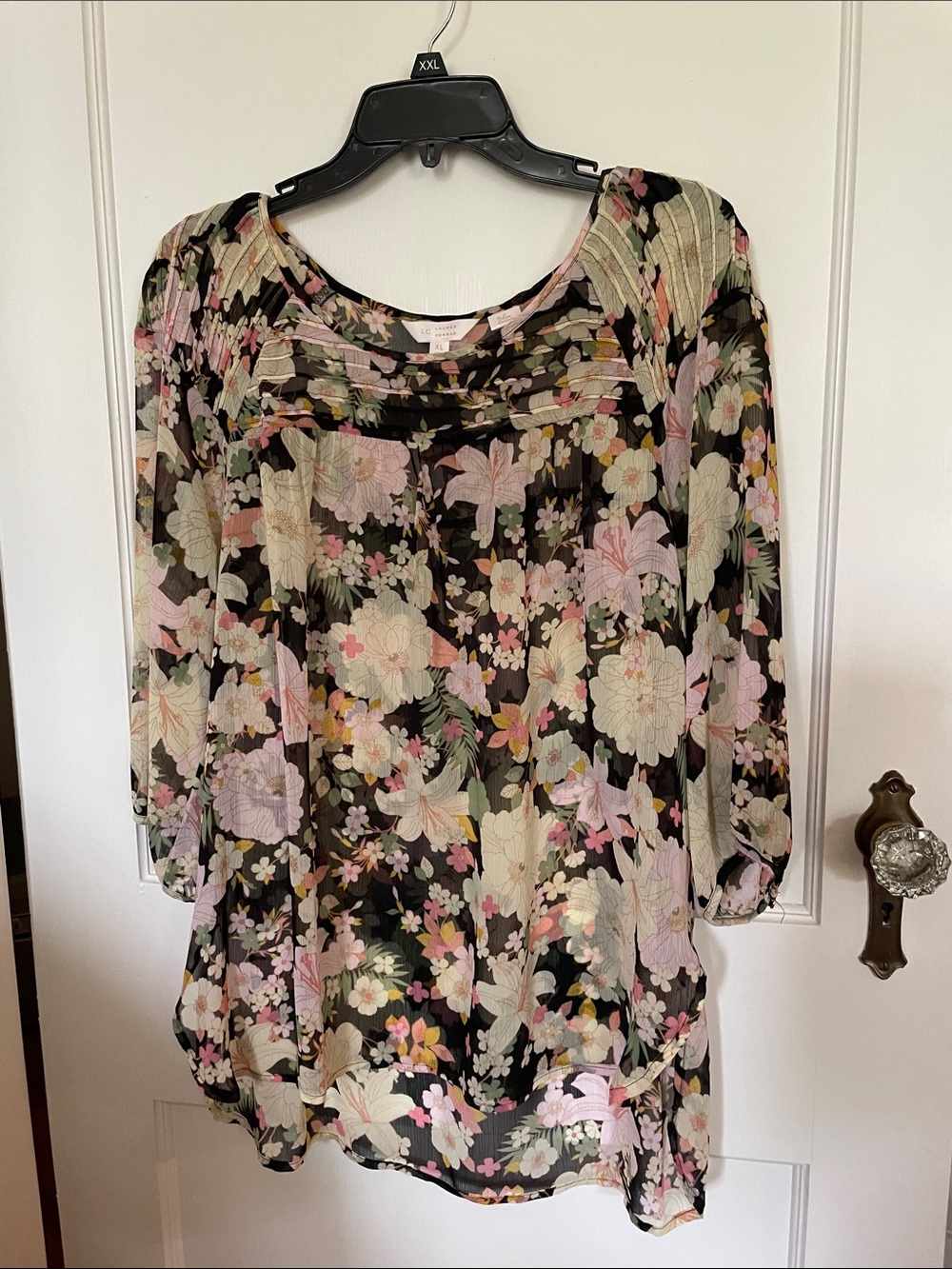LC Lauren Conrad Black Sheer Floral Blouse with Pink & Cream Blooms